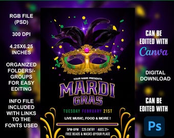 Mardi Gras V2 Flyer -  4x6 - RGB - Canva / Photoshop Editable Flyer Template