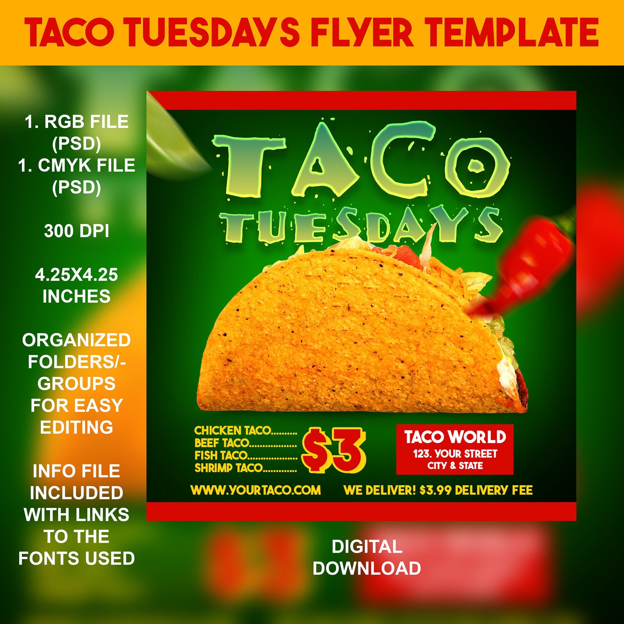Taco Tuesdays Flyer Template 4x4 RGB & CMYK Adobe PSD