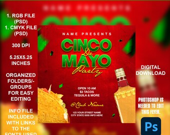 Cinco De Mayo Party Flyer - 5x5 - RGB & CMYK - Adobe Photoshop PSD Editable Flyer Template