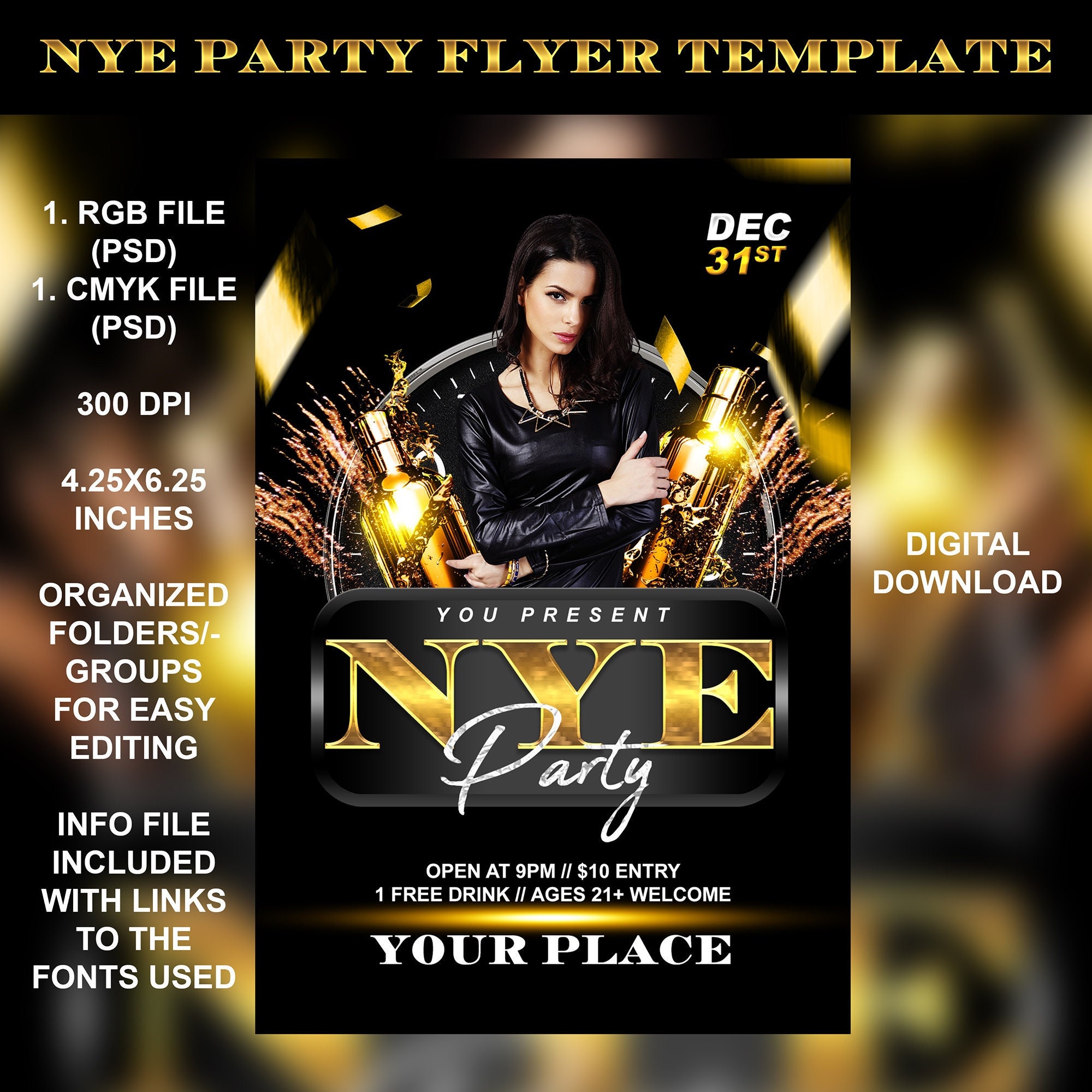 Nye Party Flyer Template 4x6 RGB & CMYK Adobe PSD Editable Nye Party Flyer Template 4x6 RGB & CMYK Adobe PSD Editable