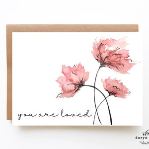 Tarjeta floral del día de San Valentín, tarjeta de aniversario de acuarela, tarjeta de amor imprimible, tarjeta de amor de flores rosas de acuarela, eres amado, tarjetas para ella