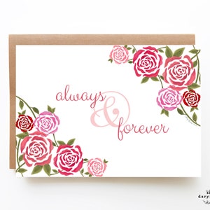 Cyfrowe pobieranie Always and Forever Card, Floral Valentines Card, Floral Anniversary Card, Watercolor Roses, Watercolor Flowers
