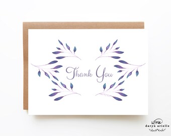 Printable Card, Thank You Card, Instant Download, Printable Envelope Included, Hand Painted Watercolor Leaves, Watercolor Thank You Card