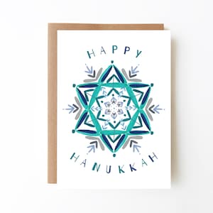 Afdrukbare kaart | Gelukkige Chanoeka-kaart | Direct downloaden | Afdrukbare envelop inbegrepen | Handgeschilderde aquarel Davidster Sneeuwvlok