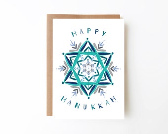Printable Card | Happy Hanukkah Card | Instant Download | Printable Envelope Included | Hand Painted Watercolor Star of David Snowflake