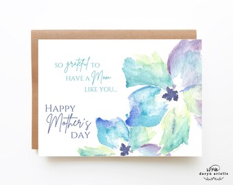 Tarjeta feliz del día de la madre, tarjeta floral del día de la madre, tarjeta del día de la madre de flores de acuarela, muy agradecida de tener una mamá como tú