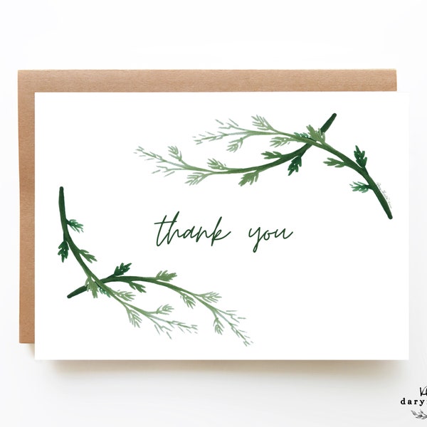 Printable Card, Thank You Card, Instant Download, Printable Envelope Included, Hand Painted Watercolor Leaves, Simple Thank You Card