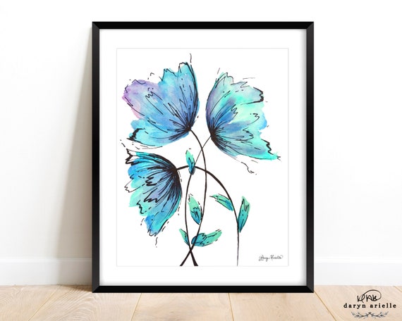 Printable Art Blue Watercolor Floral Print Floral Line Art | Etsy
