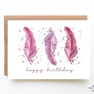 Cartão de feliz aniversário para amigo, cartão de aniversário de penas em aquarela, cartão de aniversário para ela, cartão de aniversário em aquarela imprimível
