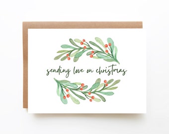 Printable Card | Sending Love on Christmas Card | Instant Download | Printable Envelope Included | Hand Painted Watercolor Xmas Mistletoe