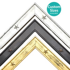 May include: Three nested corner sections of picture frames in silver, black, and gold finishes. Each frame features a repeating star motif along the outer edge. A teal circular graphic in the upper right corner contains the text Custom Sizes AVAILABLE.