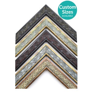 May include: A collection of four angled picture frame samples stacked vertically. Each frame features an ornate, raised floral vine relief pattern. The colors include dark brown, metallic silver, deep mahogany, and a muted gold finish. A teal circle with the text Custom Sizes AVAILABLE is positioned in the upper right corner.