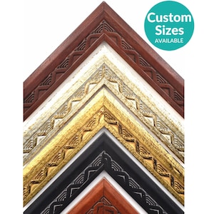May include: Five picture frames with ornate, carved designs. The frames are in various colors, including black, gold, white, and brown. The text "Custom Sizes Available" is in a circle in the upper right corner of the image.