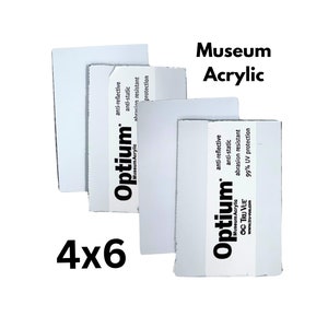 Archival Museum Grade Tru Vue Optium Acrylic glass cover 4x6 size. Anti-reflective, anti-static, abrasion resistant, 99% UV protection.