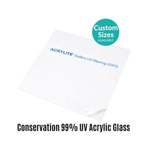 May include: A square sheet of clear Acrylite Gallery UV filtering OP3 acrylic glass. The surface features blue printed text reading Acrylite Gallery UV filtering (OP3) and a teal circular badge stating Custom Sizes AVAILABLE.