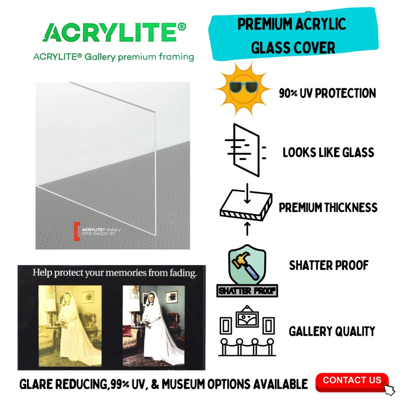 K&ouml;nnte beinhalten: Eine transparente Acrylglasabdeckung zum Schutz von Kunstwerken. Sie bietet 90 % UV-Schutz, sieht aus wie Glas, hat eine Premium-Dicke, ist bruchsicher und hat Galeriequalit&auml;t. Der Text "ACRYLITE&reg; Gallery premium framing" befindet sich oben im Bild.