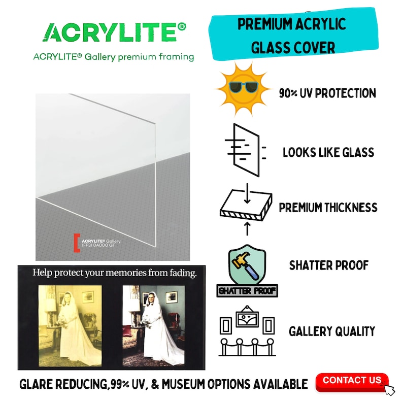 May include: A clear acrylic sheet for framing artwork, with the text "Acrylite Gallery premium framing" and "Help protect your memories from fading."  The sheet is shatterproof, provides 90% UV protection, and looks like glass.  The text "Glare reducing, 99% UV, & museum options available" and "Contact us" are also visible.