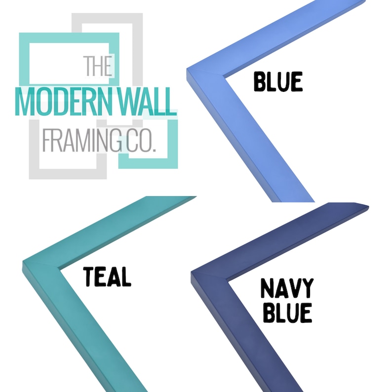 K&ouml;nnte beinhalten: Vier verschiedene farbige Bilderrahmenecken, t&uuml;rkis, blau, marineblau und hellblau. Die Ecken sind alle abgewinkelt und die Farben sind einfarbig. Der Text "THE MODERN WALL FRAMING CO." befindet sich in der oberen linken Ecke des Bildes.