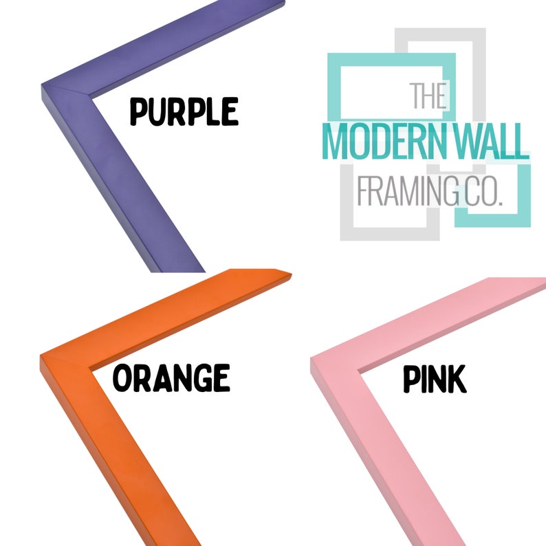 K&ouml;nnte beinhalten: Drei unterschiedlich farbige Bilderrahmen in Lila, Orange und Pink, mit dem Text "THE MODERN WALL FRAMING CO." im Hintergrund.