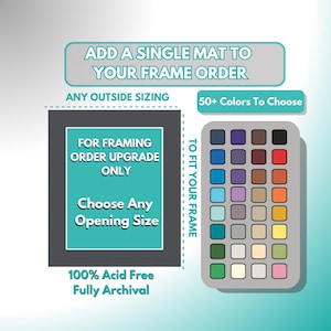 May include: A single mat frame order illustration with a gray frame and a teal mat. The text reads 
