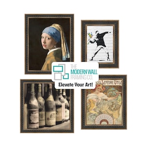 May include: Four framed art prints. The prints include a portrait of a woman, a Banksy artwork, a vintage advertisement, and a photograph of wine bottles. The frames are dark with a decorative edge. The Modern Wall Framing Co. logo is in the center, with the text "Elevate Your Art!"