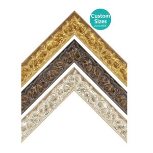 May include: Three decorative picture frame corners in gold, dark brown, and silver. Each corner features an ornate, detailed design. A teal circle with the text "Custom Sizes AVAILABLE" is in the upper right corner.