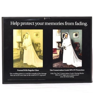 May include: Two wedding photos, one faded and one protected by UV-resistant glass. The text reads "Help protect your memories from fading." "Framed with regular glass" and "Use Conservation Grade 99% UV Protection".
