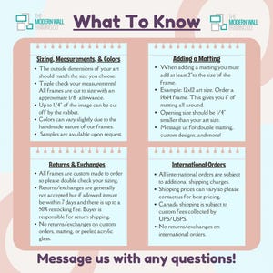 May include: A pink and white graphic with the text "What To Know" in black. The graphic provides information about sizing, measurements, colors, adding matting, returns and exchanges, and international orders for custom picture frames.