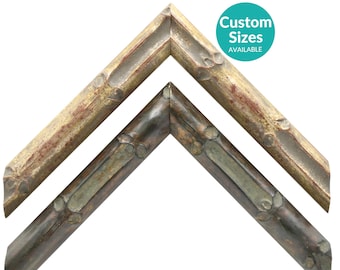 May include: Two decorative picture frame corners. One is a light brown with red accents, the other is a dark gray with green accents. The frames have a textured, rustic appearance. Text in a teal circle reads "Custom Sizes AVAILABLE".