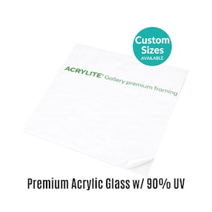 May include: A square sheet of clear Acrylite Gallery premium framing acrylic glass with a protective film. The film features the green text Acrylite Gallery premium framing and a teal circle with the white text Custom Sizes AVAILABLE.