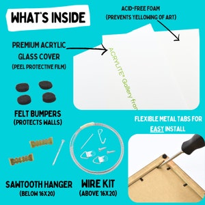 May include: What's inside a framed art print? A premium acrylic glass cover, acid-free foam backing, felt bumpers, sawtooth hanger, and a wire kit for hanging. The print is ready to hang on the wall.