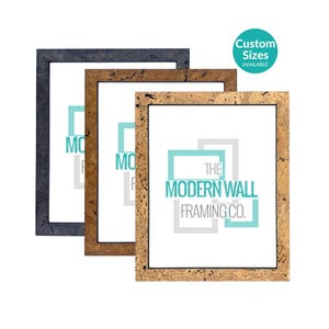 May include: Three rectangular picture frames in black, dark brown, and light brown with a textured finish. Each frame contains a white insert with the text THE MODERN WALL FRAMING CO. A teal circular badge in the top right corner reads Custom Sizes AVAILABLE.