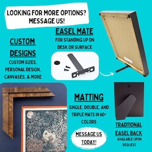 May include: A framed artwork with a brown wood frame and a black easel back. The artwork features a black and white illustration of a forest scene. The image also shows a black easel mate stand for displaying the artwork on a desk or surface. The text "Custom Designs" and "Easel Mate" are visible in the image.