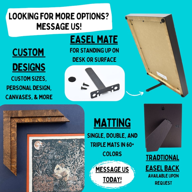 May include: A framed artwork with a brown wood frame and a black easel back. The artwork features a black and white illustration of a forest scene. The image also shows a black easel mate stand for displaying the artwork on a desk or surface. The text "Custom Designs" and "Easel Mate" are visible in the image.