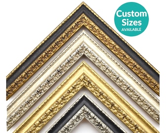 May include: Five ornate picture frames in different colors, including gold, silver, and black. The frames are arranged in a pyramid shape, with the largest frame at the top and the smallest frame at the bottom. The frames are all made of wood and have a decorative design. The text "Custom Sizes Available" is visible in a teal circle in the upper right corner of the image.