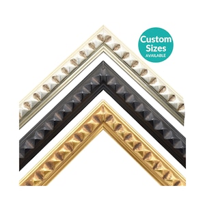 May include: Three corner sections of picture frames arranged in a stack. The top frame is silver, the middle is dark brown, and the bottom is gold. Each frame features a repeating pyramid-shaped texture. A teal circle contains the text Custom Sizes AVAILABLE.