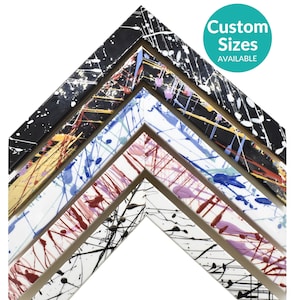 May include: A selection of picture frames with a vibrant paint splatter design. The frames feature a range of colours, including black, white, blue, red, and yellow. The text "Custom Sizes AVAILABLE" is in a teal circle.