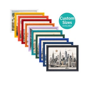 May include: A series of square wall art frames arranged in a cascading diagonal line, featuring a variety of colors including yellow, red, orange, purple, teal, green, blue, and black. A teal circle with the text Custom Sizes AVAILABLE is visible.