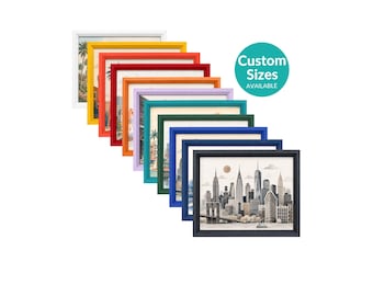 May include: A series of square wall art frames arranged in a cascading diagonal line, featuring a variety of colours including yellow, red, orange, purple, teal, green, blue, and black. A teal circle with the text Custom Sizes AVAILABLE is visible.
