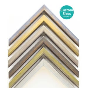 May include: A collection of picture frame corners in various colors, including silver, gold, and brown. The frames are arranged in a layered, angled pattern. The text "Custom Sizes AVAILABLE" is in a teal circle.
