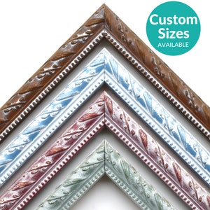 May include: Four ornate picture frames in different colors: brown, light blue, red, and green. Each frame has a decorative, twisted rope design with small beads along the edge. The frames are arranged in a pyramid shape, with the brown frame at the top and the green frame at the bottom. The text "Custom Sizes AVAILABLE" is in a circle on the right side of the image.