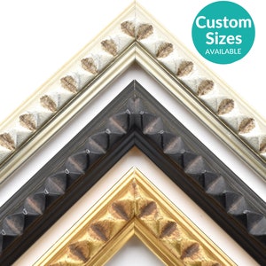 Ornate beaded picture frame molding in antique white, black, and gold finishes. Vintage-inspired with a textured, hand-carved look. Perfect for artwork, photos, and home decor. Custom sizes available to fit any space. Elegant and timeless design