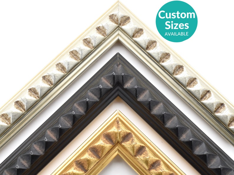 Ornate beaded picture frame molding in antique white, black, and gold finishes. Vintage-inspired with a textured, hand-carved look. Perfect for artwork, photos, and home decor. Custom sizes available to fit any space. Elegant and timeless design