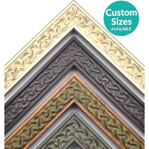 May include: A selection of decorative picture frames with Celtic knot designs. The frames are in various colors, including cream, brown, green, and gray. The image includes a circular graphic that says "Custom Sizes AVAILABLE".