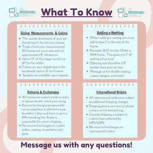 May include: A pink and white graphic with the text "What To Know" in black. The graphic provides information about sizing, measurements, colors, adding matting, returns and exchanges, and international orders for custom picture frames.