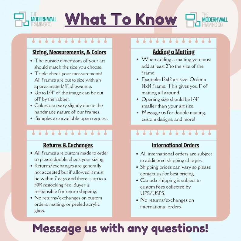 May include: A pink and white graphic with the text "What To Know" in black. The graphic provides information about sizing, measurements, colors, adding matting, returns and exchanges, and international orders for custom picture frames.