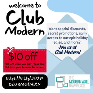Op de afbeelding: Een rode en witte coupon met de tekst "&euro; 10 korting" en een link om lid te worden van Club Modern voor speciale kortingen, geheime promoties en vroege toegang tot vakantie-uitverkopen. De coupon staat op een blauwe achtergrond met de tekst "Welkom bij Club Modern" en het logo van The Modern Wall Framing Co.