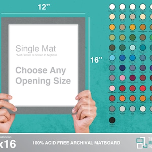 May include: A 12x16 inch single mat board with a grey mat and a white core. The mat is shown in Nightfall colour. The mat board is 100% acid free archival. The text "Choose Any Opening Size" is printed on the mat board. The text "Single Mat" is printed on the mat board. The text "12x16" is printed on the mat board. The text "The Modern Wall Framing Co." is printed on the mat board.