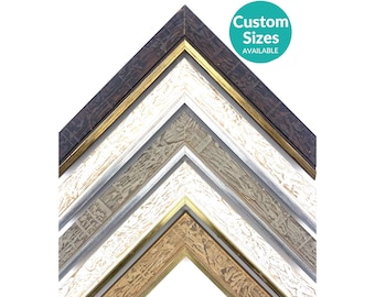 May include: Five different picture frame samples with various wood finishes and gold accents.  The frames are arranged in a pyramid shape with the largest frame at the top and the smallest frame at the bottom.  Custom sizes available.