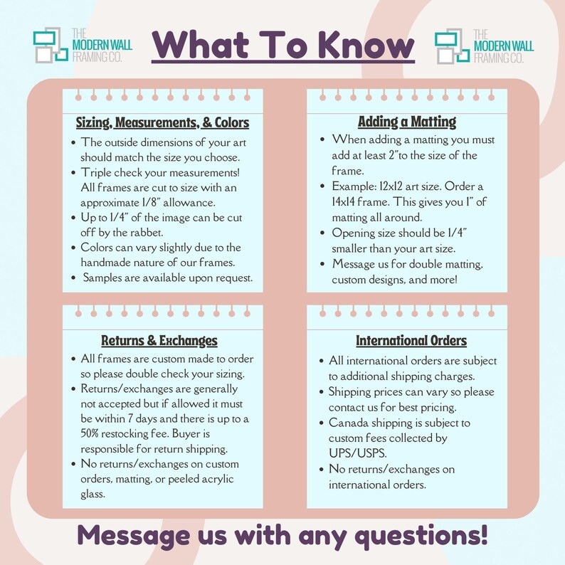 K&ouml;nnte beinhalten: Eine rosa und wei&szlig;e Grafik mit dem Text "What To Know" in Schwarz. Die Grafik enth&auml;lt Informationen zu Gr&ouml;&szlig;en, Ma&szlig;en, Farben, dem Hinzuf&uuml;gen von Passepartouts, R&uuml;ckgaben und Umtausch sowie internationalen Bestellungen f&uuml;r ma&szlig;gefertigte Bilderrahmen.